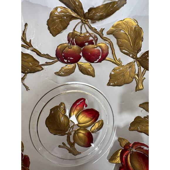 Vintage Glass Intaglio Fruit Bowl Goofus Glass Ruffled Gold Rim Red Fruit - Picture 13 of 14